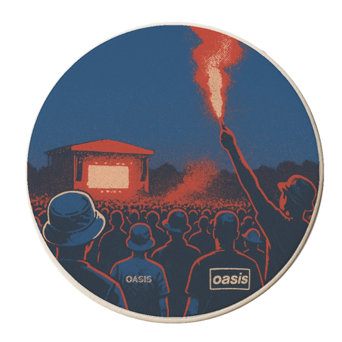 Oasis Reunion - personalised beer coaster by Faith Mercer