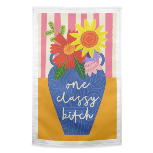 One Classy Bitch Funny Floral Flowers Bold Bright Illustration - funny tea towel by AbiGoLucky