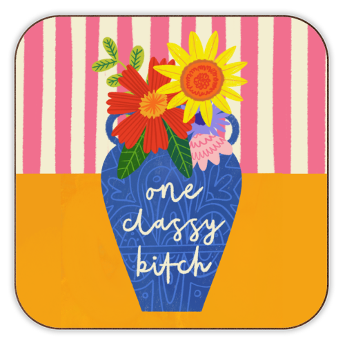 One Classy Bitch Funny Floral Flowers Bold Bright Illustration - personalised beer coaster by AbiGoLucky