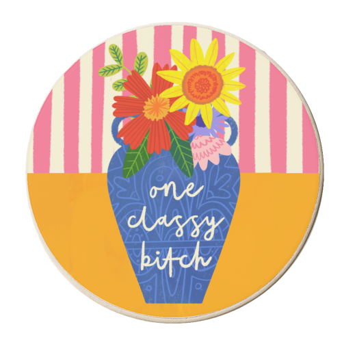 One Classy Bitch Funny Floral Flowers Bold Bright Illustration - personalised beer coaster by AbiGoLucky