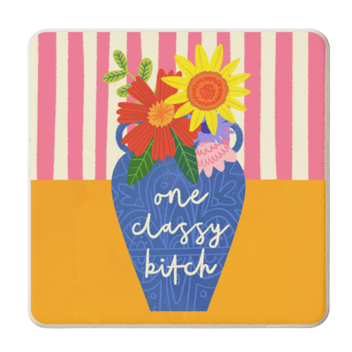 One Classy Bitch Funny Floral Flowers Bold Bright Illustration - personalised beer coaster by AbiGoLucky