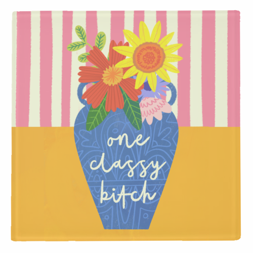 One Classy Bitch Funny Floral Flowers Bold Bright Illustration - personalised beer coaster by AbiGoLucky