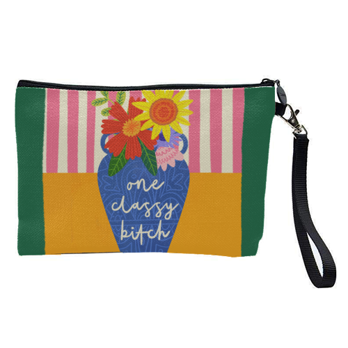 One Classy Bitch Funny Floral Flowers Bold Bright Illustration - pretty makeup bag by AbiGoLucky