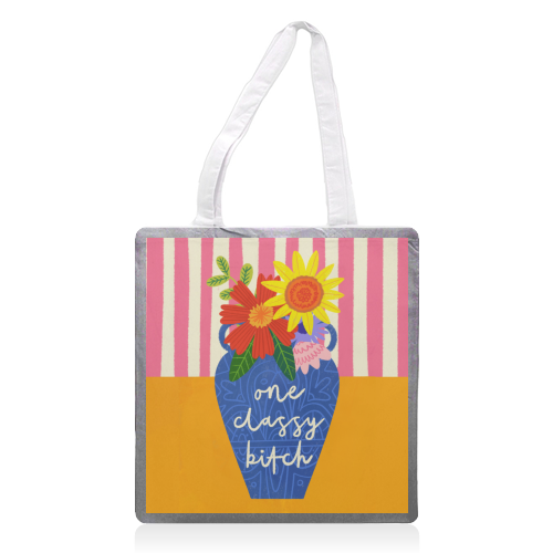 One Classy Bitch Funny Floral Flowers Bold Bright Illustration - printed canvas tote bag by AbiGoLucky