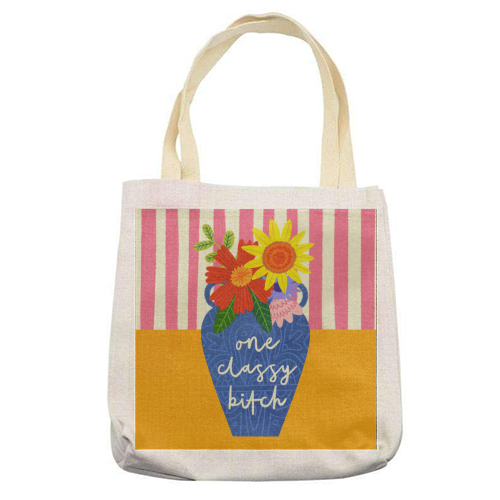 One Classy Bitch Funny Floral Flowers Bold Bright Illustration - printed canvas tote bag by AbiGoLucky