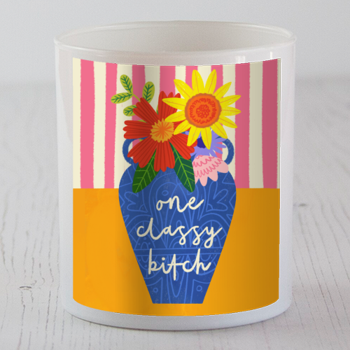 One Classy Bitch Funny Floral Flowers Bold Bright Illustration - scented candle by AbiGoLucky