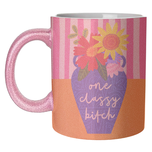 One Classy Bitch Funny Floral Flowers Bold Bright Illustration - unique mug by AbiGoLucky