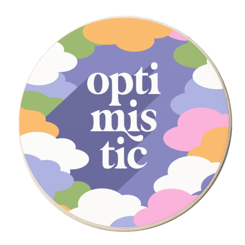 OPTIMISTIC in a sky full or RAINBOW CLOUDS - personalised beer coaster by Dominique Vari
