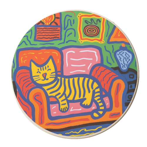 Orange cat laying on red sofa - personalised beer coaster by DejaReve
