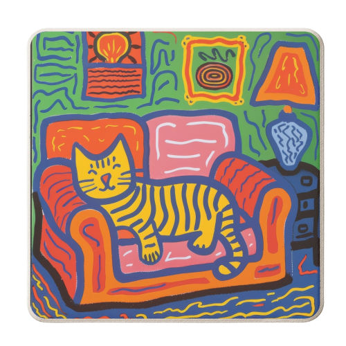 Orange cat laying on red sofa - personalised beer coaster by DejaReve