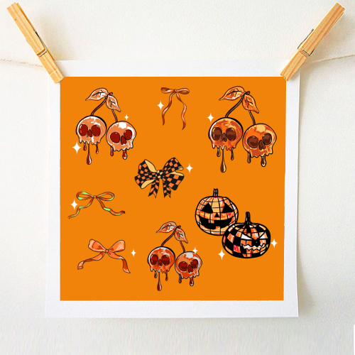 Orange Cherry Skulls with Coquette Bows - A1 - A4 art print by EZbie
