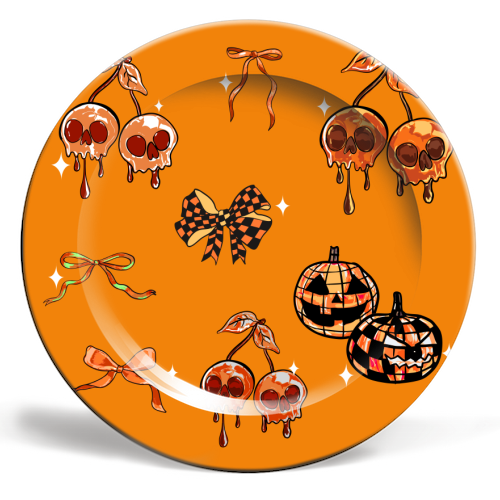 Orange Cherry Skulls with Coquette Bows - ceramic dinner plate by EZbie