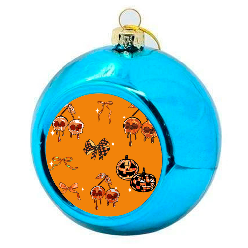 Orange Cherry Skulls with Coquette Bows - colourful christmas bauble by EZbie