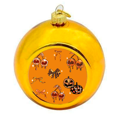 Orange Cherry Skulls with Coquette Bows - colourful christmas bauble by EZbie