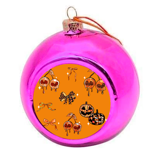 Orange Cherry Skulls with Coquette Bows - colourful christmas bauble by EZbie