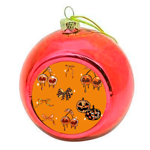 Orange Cherry Skulls with Coquette Bows - colourful christmas bauble by EZbie