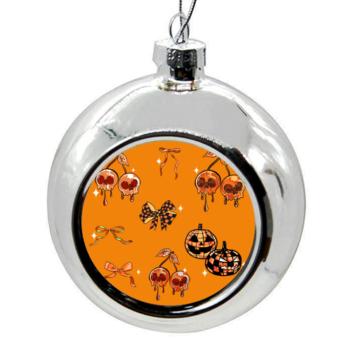 Orange Cherry Skulls with Coquette Bows - colourful christmas bauble by EZbie