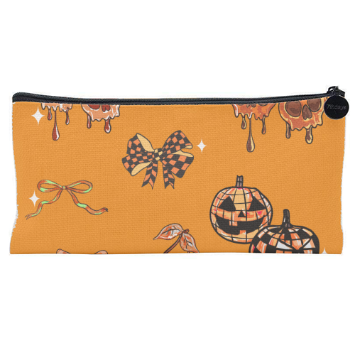 Orange Cherry Skulls with Coquette Bows - flat pencil case by EZbie