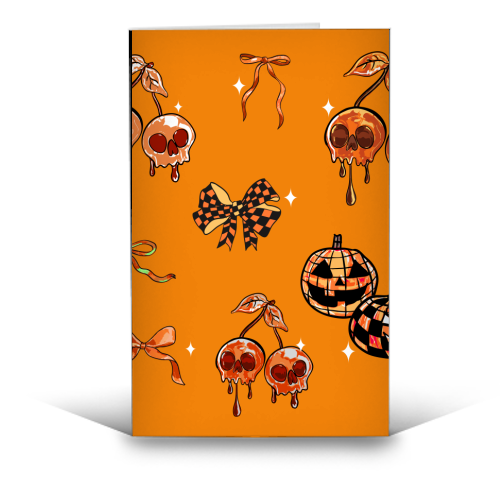 Orange Cherry Skulls with Coquette Bows - funny greeting card by EZbie