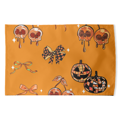 Orange Cherry Skulls with Coquette Bows - funny tea towel by EZbie