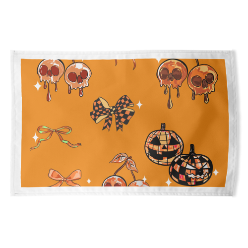 Orange Cherry Skulls with Coquette Bows - funny tea towel by EZbie