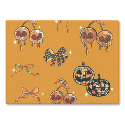Orange Cherry Skulls with Coquette Bows - glass chopping board by EZbie