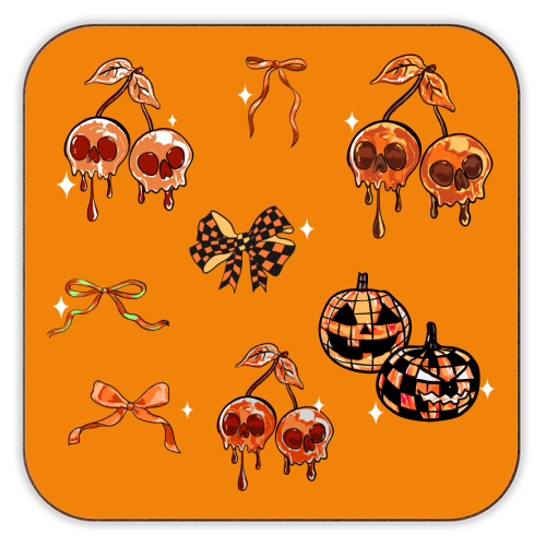 Orange Cherry Skulls with Coquette Bows - personalised beer coaster by EZbie