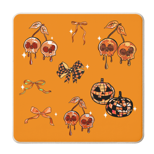Orange Cherry Skulls with Coquette Bows - personalised beer coaster by EZbie