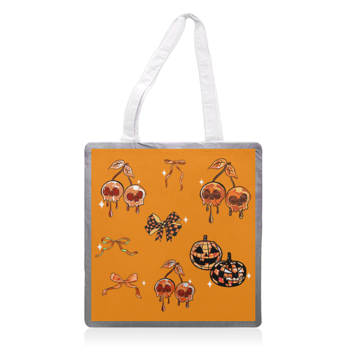 Orange Cherry Skulls with Coquette Bows - printed canvas tote bag by EZbie