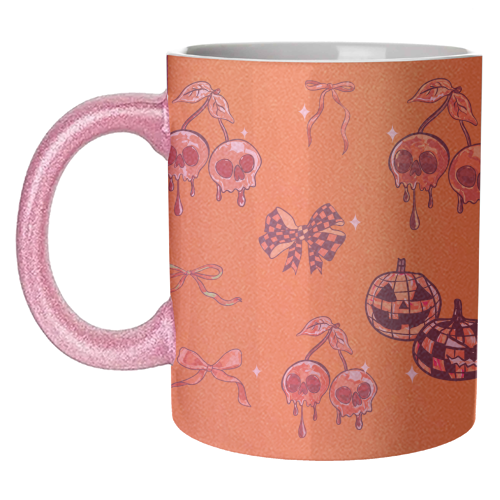 Orange Cherry Skulls with Coquette Bows - unique mug by EZbie