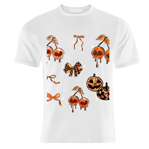 Orange Cherry Skulls with Coquette Bows - unique t shirt by EZbie