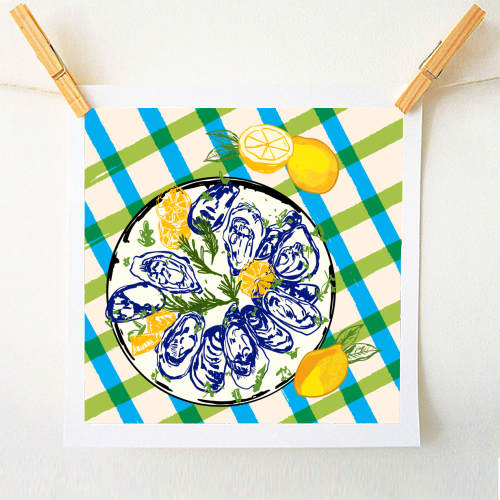 Oysters on Plate with Lemon – Coastal Checkered - A1 - A4 art print by EZbie