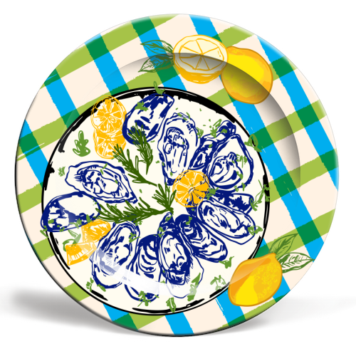 Oysters on Plate with Lemon – Coastal Checkered - ceramic dinner plate by EZbie