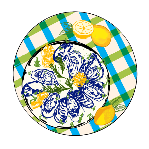 Oysters on Plate with Lemon – Coastal Checkered - Circle Sticker by EZbie