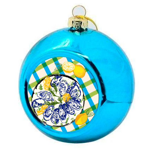 Oysters on Plate with Lemon – Coastal Checkered - colourful christmas bauble by EZbie