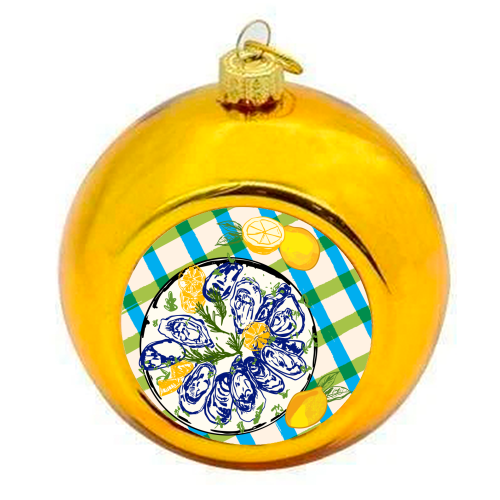 Oysters on Plate with Lemon – Coastal Checkered - colourful christmas bauble by EZbie
