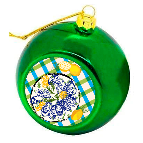 Oysters on Plate with Lemon – Coastal Checkered - colourful christmas bauble by EZbie
