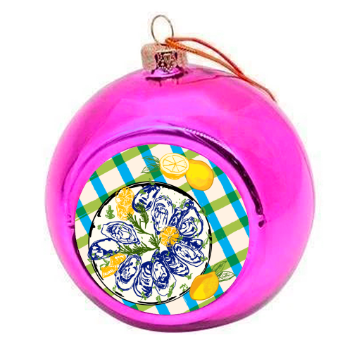 Oysters on Plate with Lemon – Coastal Checkered - colourful christmas bauble by EZbie