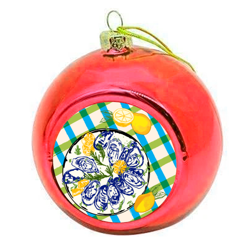 Oysters on Plate with Lemon – Coastal Checkered - colourful christmas bauble by EZbie