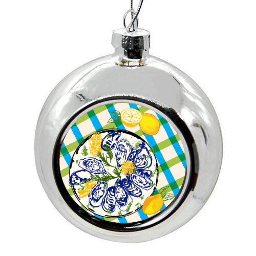 Oysters on Plate with Lemon – Coastal Checkered - colourful christmas bauble by EZbie
