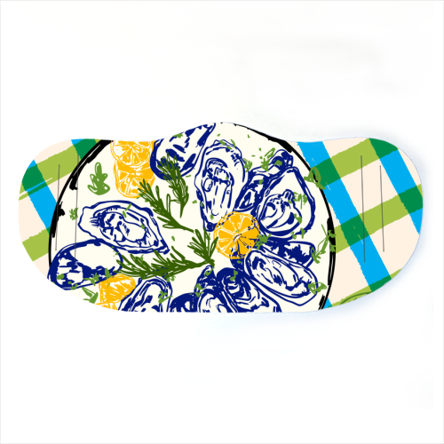 Oysters on Plate with Lemon – Coastal Checkered - face cover mask by EZbie