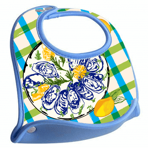 Oysters on Plate with Lemon – Coastal Checkered - feeding bib by EZbie