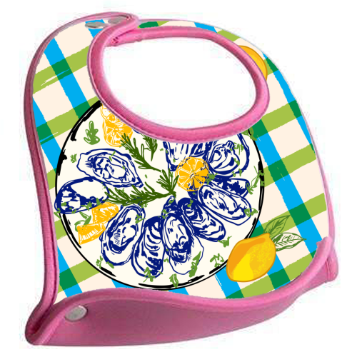 Oysters on Plate with Lemon – Coastal Checkered - feeding bib by EZbie