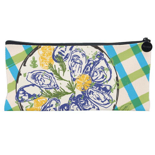 Oysters on Plate with Lemon – Coastal Checkered - flat pencil case by EZbie