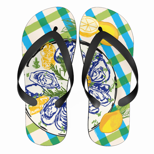 Oysters on Plate with Lemon – Coastal Checkered - funny flip flops by EZbie