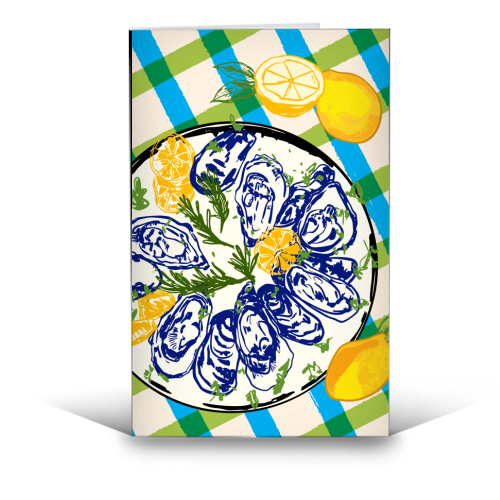 Oysters on Plate with Lemon – Coastal Checkered - funny greeting card by EZbie