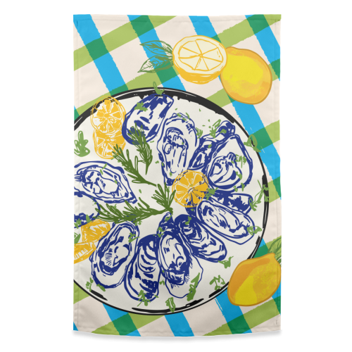 Oysters on Plate with Lemon – Coastal Checkered - funny tea towel by EZbie