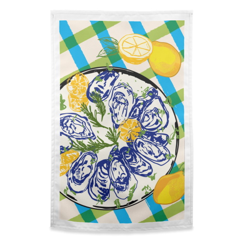 Oysters on Plate with Lemon – Coastal Checkered - funny tea towel by EZbie