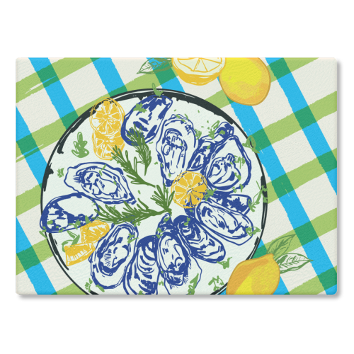 Oysters on Plate with Lemon – Coastal Checkered - glass chopping board by EZbie