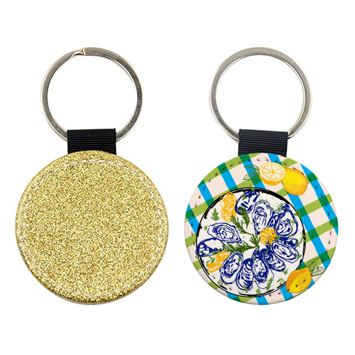 Oysters on Plate with Lemon – Coastal Checkered - keyring by EZbie